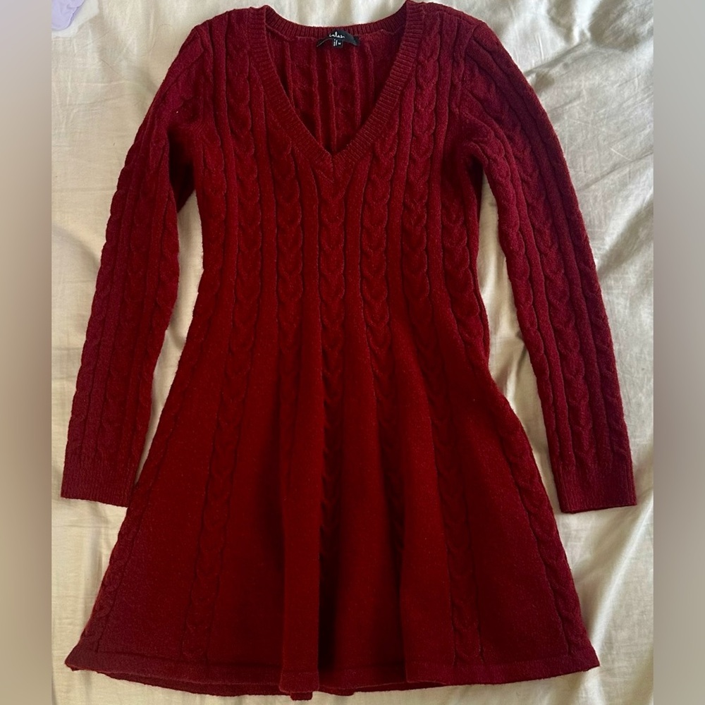 Lulus Sweetly Seasonal Burgundy Cable Knit Sweater Mini Dress